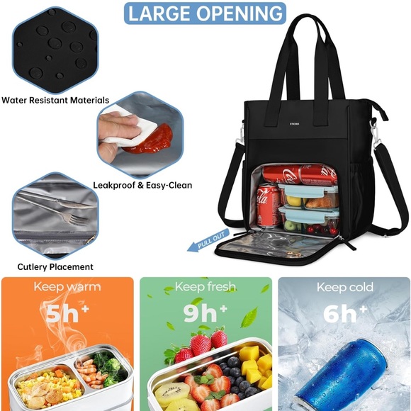 NWOT black lunch bag/work tote multi-pocket crossbody or shoulder strap bag - Picture 5 of 15